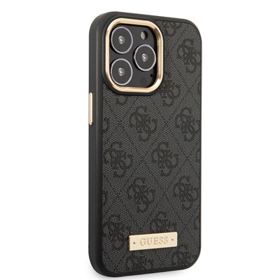 Apple iPhone 15 Pro Max Kılıf Guess Orjinal Lisanslı M-safe Şarj Özellikli 4G Desenli PU Metal Plaka Klasik Logolu Kapak