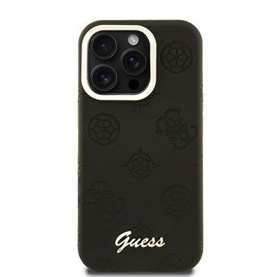 Apple iPhone 15 Pro Max Kılıf Guess Orjinal Lisanslı M-safe Şarj Özellikli Sıcak Baskılı Yazı Logolu Kamera Standlı PU Deri Peony Kapak