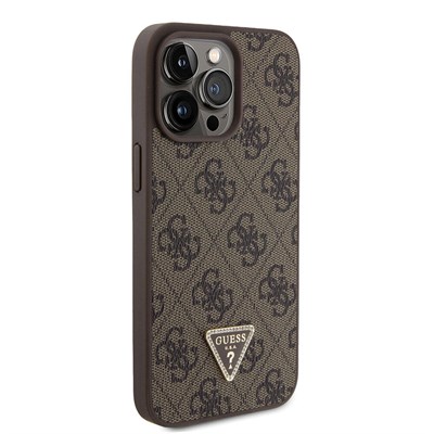 Apple iPhone 15 Pro Max Kılıf Guess Orjinal Lisanslı PU Deri Askılı Taşlı Üçgen Logo 4G Desenli Strass Crossbody Kapak