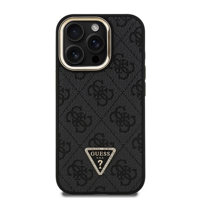 Apple iPhone 15 Pro Max Kılıf Guess Orjinal Lisanslı PU Deri Taşlı Üçgen Logo 4G Desenli Kamera Standlı Kapak