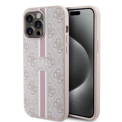 Apple iPhone 15 Pro Max Kılıf Guess Orjinal Lisanslı Magsafe Şarj Özellikli 4G Şerit Tasarımlı Printed Kapak