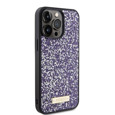 Apple iPhone 15 Pro Max Kılıf Guess Orjinal Lisanslı Taşlı Arka Yüzey Metal Yazı Logolu Kapak
