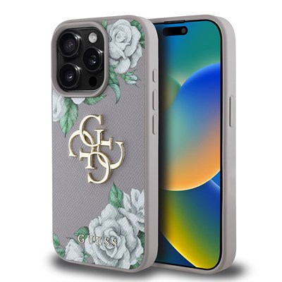 Apple iPhone 15 Pro Max Kılıf Guess Orjinal Lisanslı Gül Baskılı Büyük Metal Logo Dizaynlı Kapak