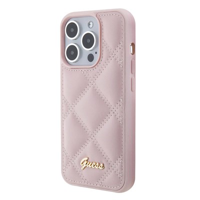 Apple iPhone 15 Pro Max Kılıf Guess Orjinal Lisanslı PU Deri Metal Yazı Logolu Kapitone Kapak