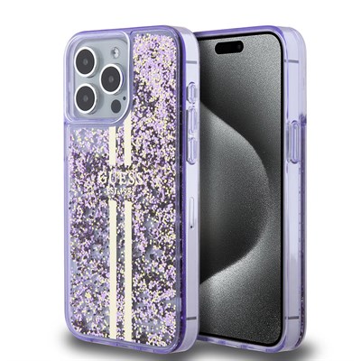 Apple iPhone 15 Pro Max Kılıf Guess Orjinal Lisanslı Transparan Sıvılı Simli Altın Çizgili Kapak