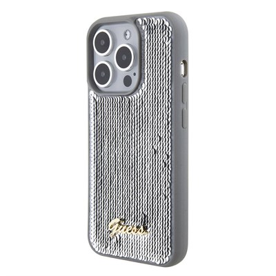 Apple iPhone 15 Pro Max Kılıf Guess Orjinal Lisanslı Pullu Arka Yüzey Metal Yazı Logolu Sequin Script Kapak