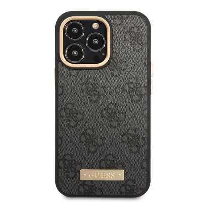 Apple iPhone 15 Pro Max Kılıf Guess Orjinal Lisanslı M-safe Şarj Özellikli 4G Desenli PU Metal Plaka Klasik Logolu Kapak