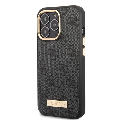 Apple iPhone 15 Pro Max Kılıf Guess Orjinal Lisanslı M-safe Şarj Özellikli 4G Desenli PU Metal Plaka Klasik Logolu Kapak