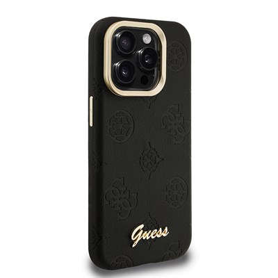Apple iPhone 15 Pro Max Kılıf Guess Orjinal Lisanslı M-safe Şarj Özellikli Sıcak Baskılı Yazı Logolu Kamera Standlı PU Deri Peony Kapak