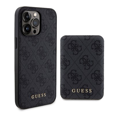Apple iPhone 15 Pro Max Kılıf Guess Orjinal Lisanslı Magsafe Şarj Özellikli Yazı Logolu 4G Desenli Kapak + Powerbank 5000mAh 2in1 Set