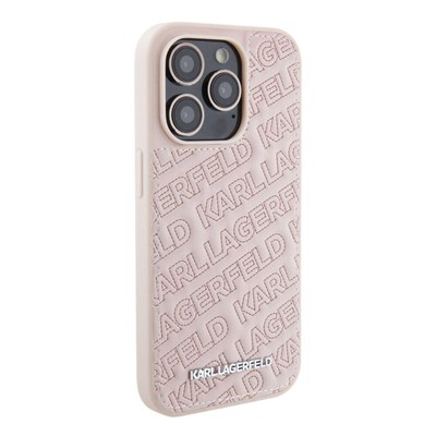Apple iPhone 15 Pro Max Case Karl Lagerfeld Metal Text Logo Stitched Back Surface Quilted Cover