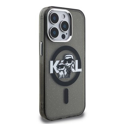 Apple iPhone 15 Pro Max Kılıf Karl Lagerfeld Orjinal Lisanslı Parlayan Simli Karl & Choupette Sketch Logo Kapak
