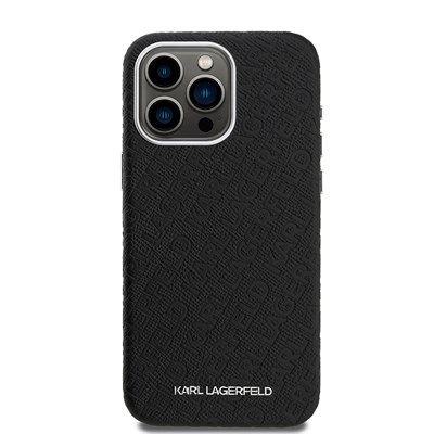 Apple iPhone 15 Pro Max Kılıf Karl Lagerfeld Orjinal Lisanslı PU Deri Damgalı Metal Yazı Logolu Kapak