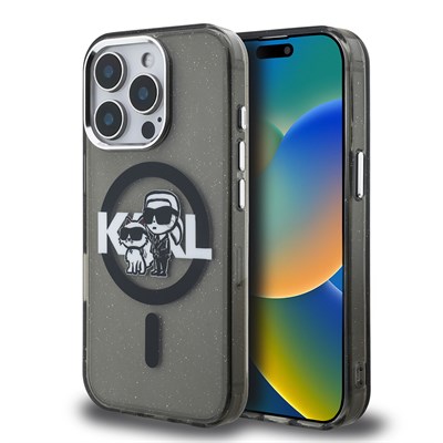 Apple iPhone 15 Pro Max Kılıf Karl Lagerfeld Orjinal Lisanslı Parlayan Simli Karl & Choupette Sketch Logo Kapak