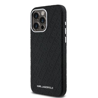 Apple iPhone 15 Pro Max Kılıf Karl Lagerfeld Orjinal Lisanslı PU Deri Damgalı Metal Yazı Logolu Kapak