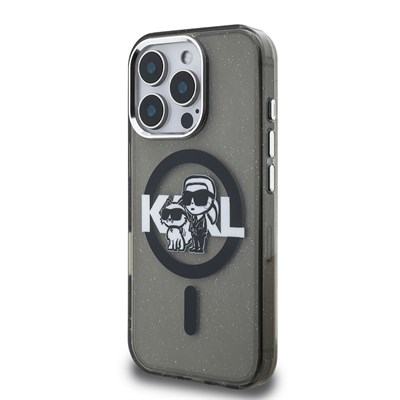 Apple iPhone 15 Pro Max Kılıf Karl Lagerfeld Orjinal Lisanslı Parlayan Simli Karl & Choupette Sketch Logo Kapak