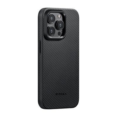 Apple iPhone 15 Pro Max Kılıf Magsafe Şarj Özellikli 600D Aramid Fiber Pitaka Military-Grade Classic Serisi Black-Grey Twill Kapak