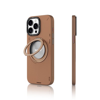 Apple iPhone 15 Pro Max Kılıf Magsafe Şarj Özellikli 360° Standlı Basit Mat Deri Desenli Youngkit Tech Leather Serisi Kapak