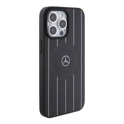 Apple iPhone 15 Pro Max Kılıf Mercedes Benz Orjinal Lisanslı Magsafe Şarj Özellikli Baskı Logolu Paralel Çizgi Desenli Deri Kapak