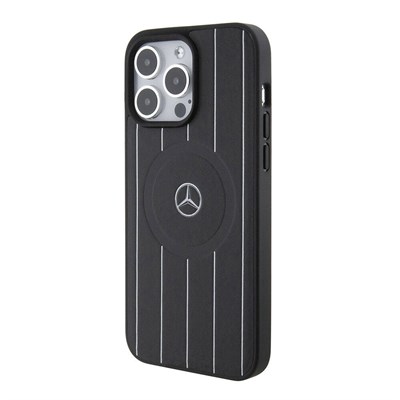 Apple iPhone 15 Pro Max Kılıf Mercedes Benz Orjinal Lisanslı Magsafe Şarj Özellikli Baskı Logolu Paralel Çizgi Desenli Deri Kapak