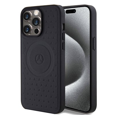 Apple iPhone 15 Pro Max Kılıf Mercedes Benz Orjinal Lisanslı Magsafe Şarj Özellikli Mühürlü Yıldız Desenli ve Logolu Deri Kapak