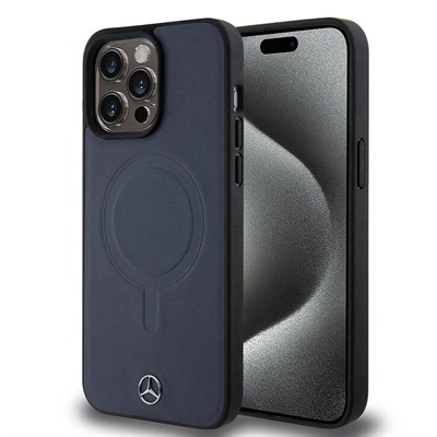 Apple iPhone 15 Pro Max Kılıf Mercedes Benz Orjinal Lisanslı Magsafe Şarj Özellikli Metal Yıldız Logolu Pürüzsüz Deri Kapak