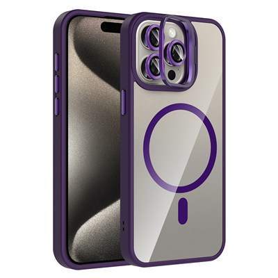 Apple iPhone 15 Pro Max Kılıf Standlı ve Kamera Lens Hediyeli M-Safe Şarj Özellikli Zore Etro Kapak
