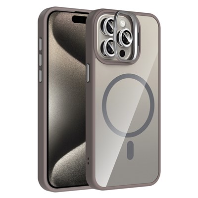 Apple iPhone 15 Pro Max Kılıf Standlı ve Kamera Lens Hediyeli M-Safe Şarj Özellikli Zore Etro Kapak