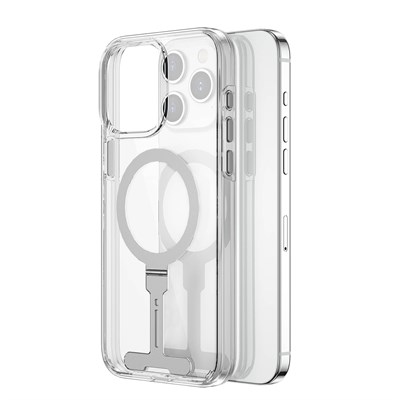 Apple iPhone 15 Pro Max Kılıf Wiwu FYY-014 Magsafe Şarj Özellikli Alüminyum Alaşım Metal Standlı Şeffaf Kapak