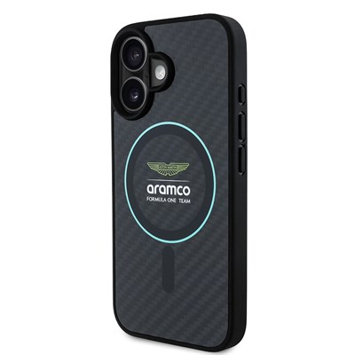 Apple iPhone 16 Kılıf Aston Martin Orjinal Lisanslı Magsafe Şarj Özellikli Renkli Halka ve Karbon Fiber Tasarımlı Kapak
