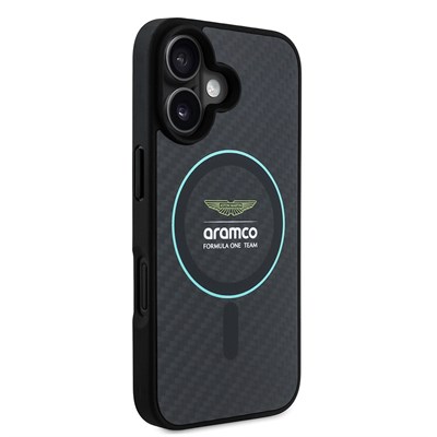 Apple iPhone 16 Kılıf Aston Martin Orjinal Lisanslı Magsafe Şarj Özellikli Renkli Halka ve Karbon Fiber Tasarımlı Kapak