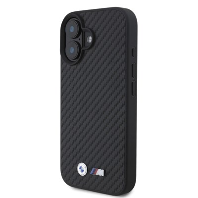 Apple iPhone 16 Kılıf BMW Orjinal Lisanslı M-safe Şarj Özellikli Karbon Fiber Görünümlü ve Metal Logolu PU Deri Kapak