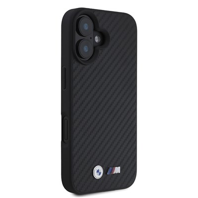 Apple iPhone 16 Kılıf BMW Orjinal Lisanslı M-safe Şarj Özellikli Karbon Fiber Görünümlü ve Metal Logolu PU Deri Kapak