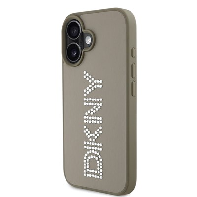 Apple iPhone 16 Kılıf DKNY Orjinal Lisanslı Taşlı DKNY Yazılı Metalik Rhinestones PU Deri Kapak