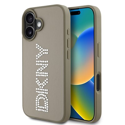 Apple iPhone 16 Kılıf DKNY Orjinal Lisanslı Taşlı DKNY Yazılı Metalik Rhinestones PU Deri Kapak