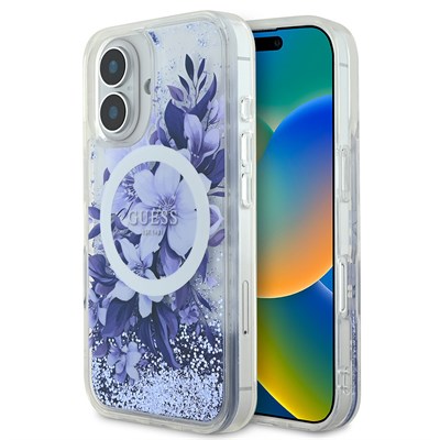 Apple iPhone 16 Kılıf Guess Orjinal Lisanslı Magsafe Şarj Özellikli LIQ Glitter Flower Kapak