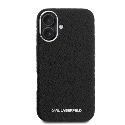 Apple iPhone 16 Kılıf Karl Lagerfeld Orjinal Lisanslı PU Deri Damgalı Metal Yazı Logolu Kapak