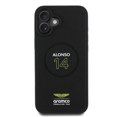 Apple iPhone 16 Plus Kılıf Aston Martin Orjinal Lisanslı Magsafe Şarj Özellikli PU Deri Alonso 14 Baskılı Kapak