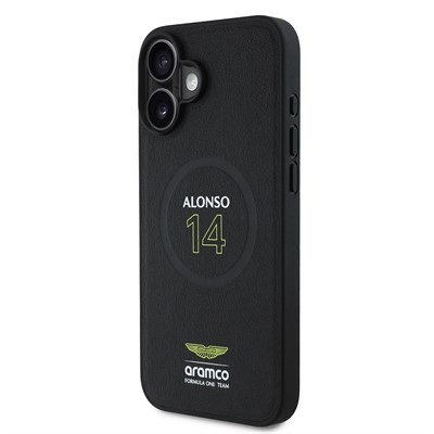 Apple iPhone 16 Plus Kılıf Aston Martin Orjinal Lisanslı Magsafe Şarj Özellikli PU Deri Alonso 14 Baskılı Kapak