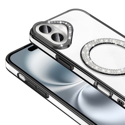 Apple iPhone 16 Plus Kılıf Pırlanta Taş Tasarımlı Magsafe Şarj Özellikli Zore Karetta Silikon Kapak
