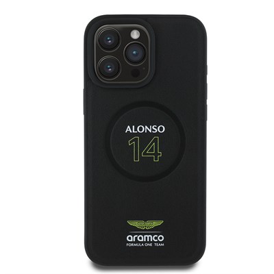 Apple iPhone 16 Pro Kılıf Aston Martin Orjinal Lisanslı Magsafe Şarj Özellikli PU Deri Alonso 14 Baskılı Kapak