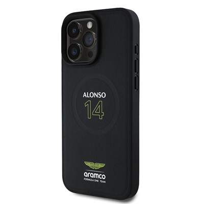 Apple iPhone 16 Pro Kılıf Aston Martin Orjinal Lisanslı Magsafe Şarj Özellikli PU Deri Alonso 14 Baskılı Kapak