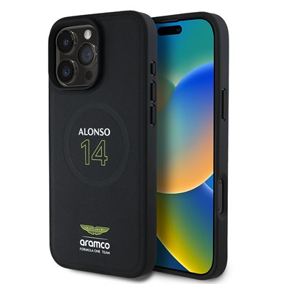 Apple iPhone 16 Pro Kılıf Aston Martin Orjinal Lisanslı Magsafe Şarj Özellikli PU Deri Alonso 14 Baskılı Kapak