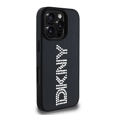 Apple iPhone 16 Pro Kılıf DKNY Orjinal Lisanslı Taşlı DKNY Yazılı Metalik Rhinestones PU Deri Kapak