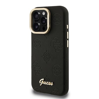 Apple iPhone 16 Pro Kılıf Guess Orjinal Lisanslı M-safe Şarj Özellikli Sıcak Baskılı Yazı Logolu Kamera Standlı PU Deri Peony Kapak