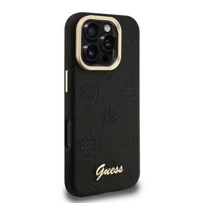 Apple iPhone 16 Pro Kılıf Guess Orjinal Lisanslı M-safe Şarj Özellikli Sıcak Baskılı Yazı Logolu Kamera Standlı PU Deri Peony Kapak