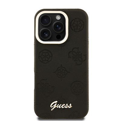 Apple iPhone 16 Pro Kılıf Guess Orjinal Lisanslı M-safe Şarj Özellikli Sıcak Baskılı Yazı Logolu Kamera Standlı PU Deri Peony Kapak