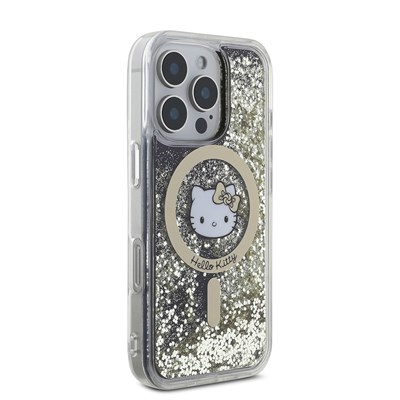 Apple iPhone 16 Pro Kılıf Hello Kitty Orjinal Lisanslı Magsafe Şarj Özellikli IML Baskı Kitty Head Logolu Sıvılı Simli Altın Ateşi Kapak