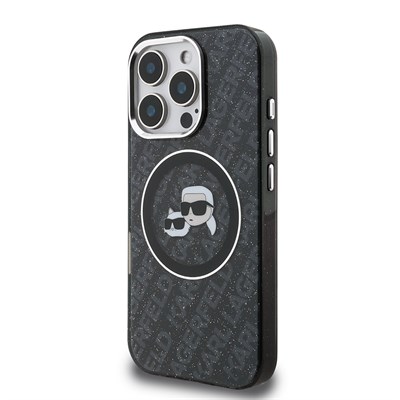 Apple iPhone 16 Pro Kılıf Karl Lagerfeld Orjinal Lisanslı Parlayan Simli Karl & Choupette Heads Kapak