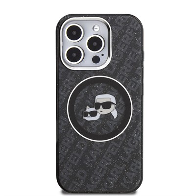 Apple iPhone 16 Pro Kılıf Karl Lagerfeld Orjinal Lisanslı Parlayan Simli Karl & Choupette Heads Kapak